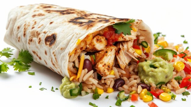 Foto vista angular de grilled chicken burrito contra fundo branco