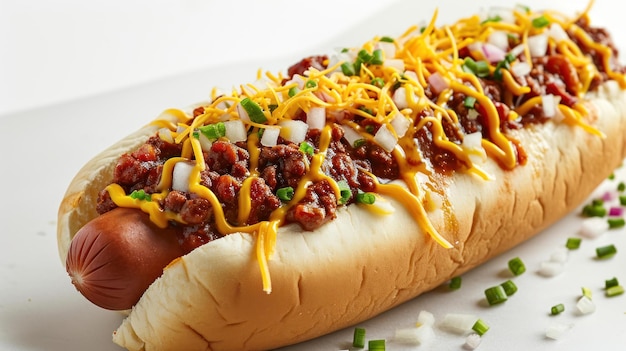 Vista angular de um cachorro-queso com chili carregado contra um fundo branco limpo