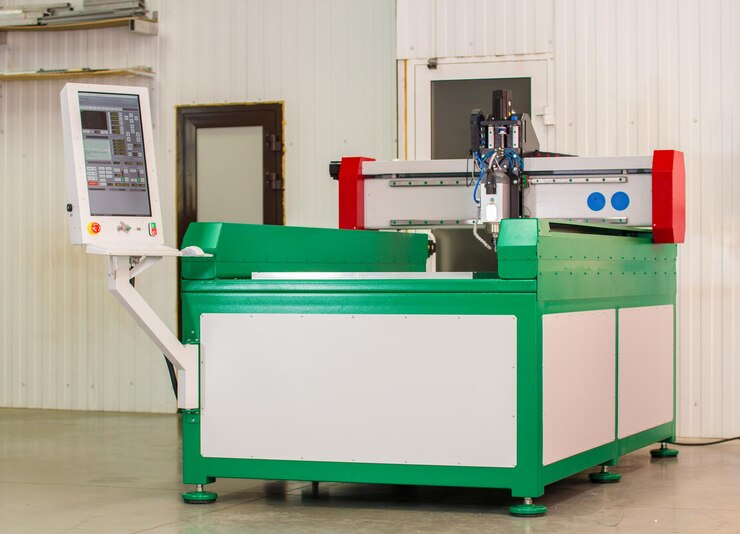 Foto vista angular del equipo cnc automatizado para trabajar con metal el cabezal del robot programado disparo de teleobjetivo