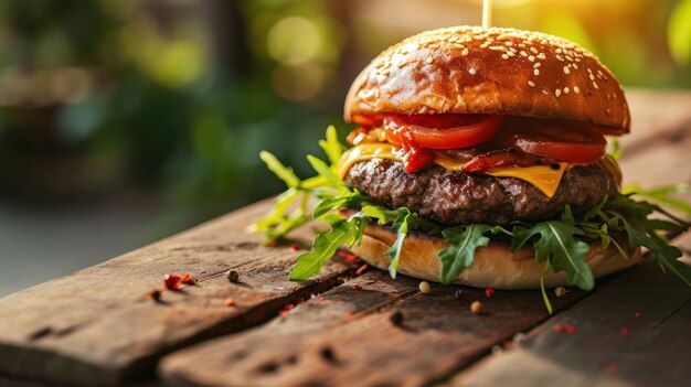 Vista angular de una hamburguesa clásica en una mesa de picnic de madera