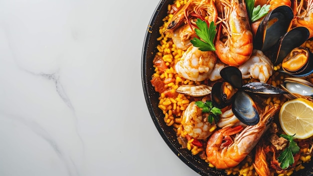 Vista angular de una paella de mariscos y pollo sobre un fondo blanco