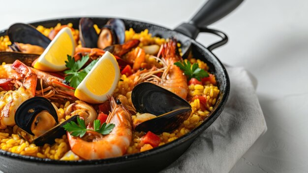 Vista angular de una paella de mariscos y pollo sobre un fondo blanco