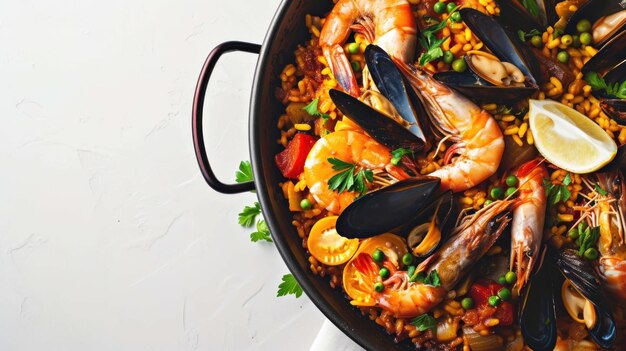 Foto vista angular de una paella de mariscos y pollo sobre un fondo blanco