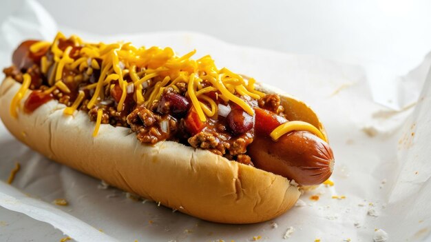 Vista angular de un perrito caliente de queso chile cargado contra un telón de fondo blanco limpio