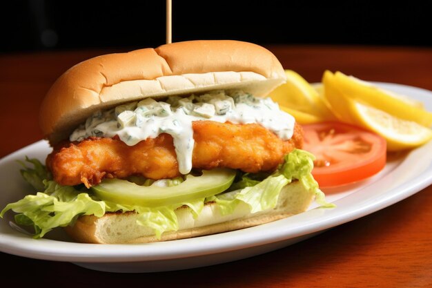 Foto vista angular de un sándwich de pescado con salsa tártara