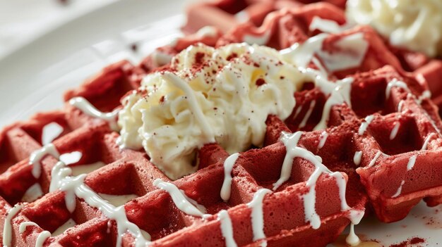 Vista angular de Waffles de terciopelo rojo con crema de queso contra un fondo blanco