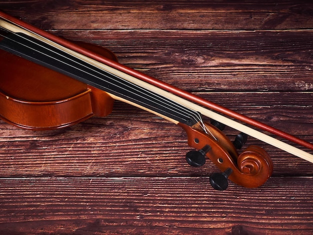 vista de ángulo alta, de, un, violín, en, un, tabla de madera