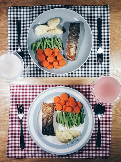 Vista de ángulo alto de los alimentos en el plato sobre la mesa