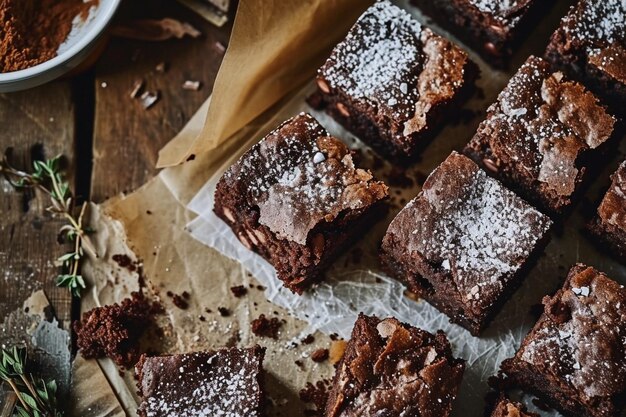 Foto vista de ángulo alto del brownie en la mesa