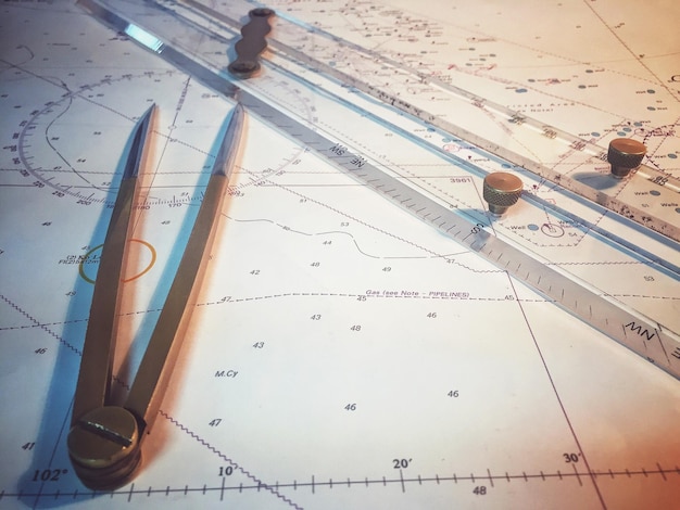 Vista de ángulo alto de la brújula y la regla de dibujo en el mapa
