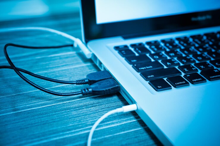 Foto vista de ángulo alto de los cables usb conectados a la computadora portátil en la mesa