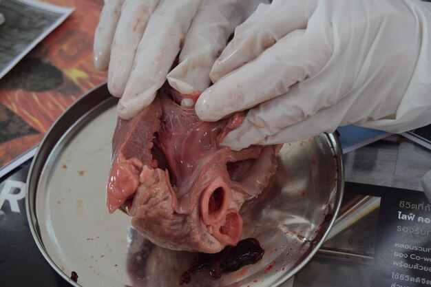 Foto vista de ángulo alto de la carne en el plato sobre la mesa