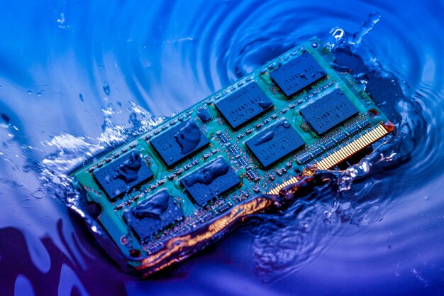Vista de ángulo alto de un chip de computadora en el agua