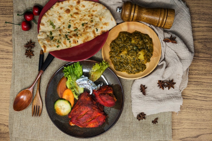 Foto vista en ángulo alto de la comida servida en la mesa