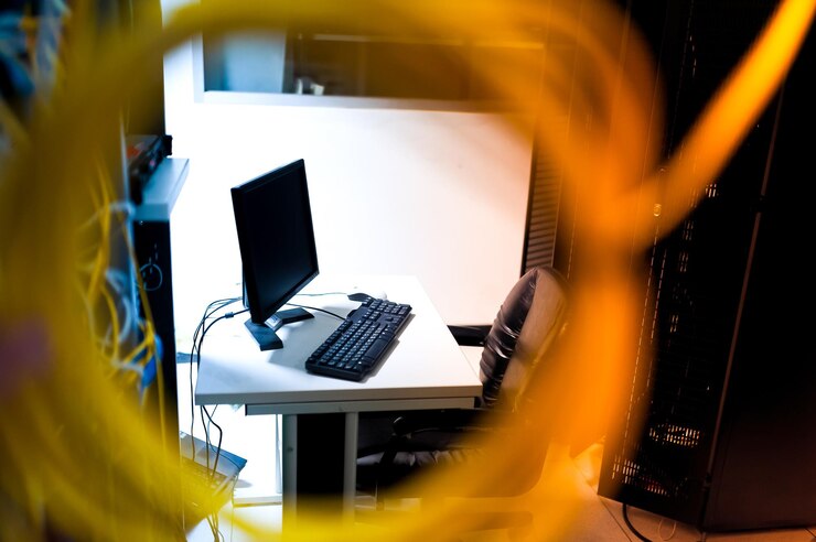 Foto vista de ángulo alto de la computadora de escritorio en el escritorio de la oficina