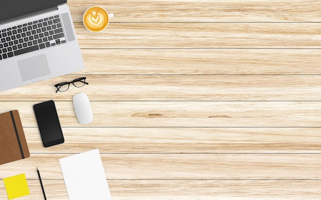Vista de ángulo alto de la computadora portátil con café y suministros de oficina en la mesa de madera