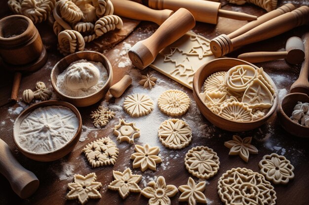 Foto vista de ángulo alto de cortadores de pastelería en la masa