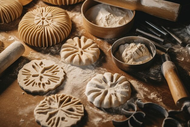 Foto vista de ángulo alto de cortadores de pastelería en la masa