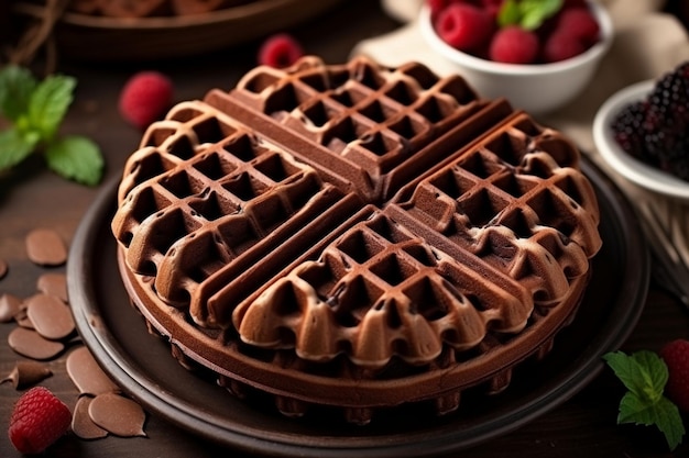 Vista de ángulo alto de deliciosos waffles de chocolate en una red en la mesa cerca de los ingredientes