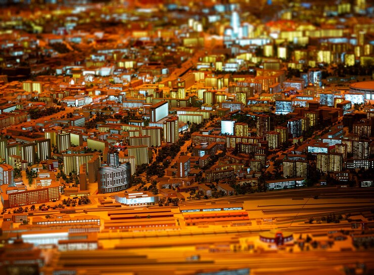Foto vista de ángulo alto de edificios iluminados en la ciudad