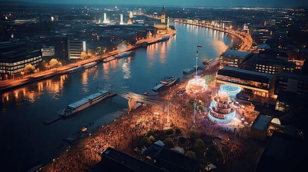 Vista de ángulo alto del Festival de Dusseldorf Vista nocturna a lo largo del río