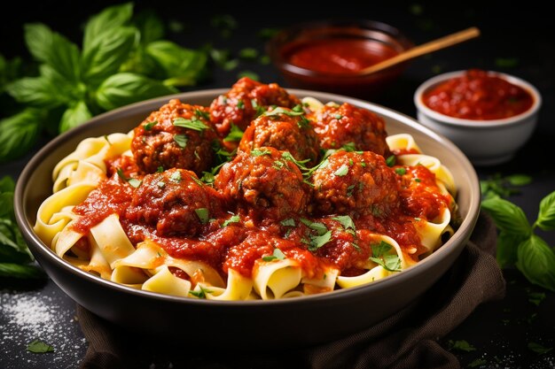 Vista de ángulo alto de fettuccine con albóndigas y salsa en un recipiente bajo las luces