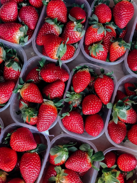 Foto vista de ángulo alto de las fresas en el mercado