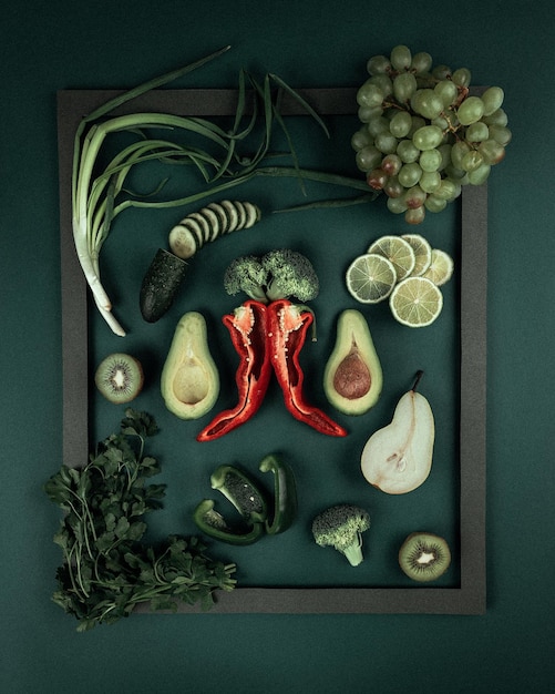 Vista de ángulo alto de frutas y verduras rojas verdes en la mesa en el marco