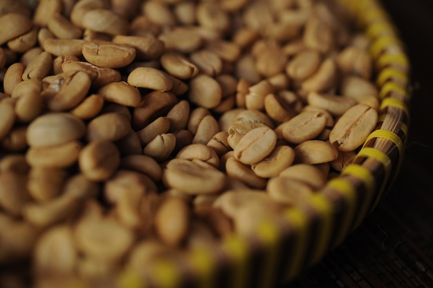 Vista de ángulo alto de los granos de café arábica en el recipiente
