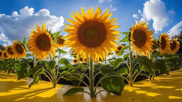 Vista de ángulo alto de hermosos girasoles en superficie amarilla