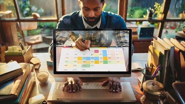 Foto vista de ángulo alto del hombre recortado llenando el calendario en línea