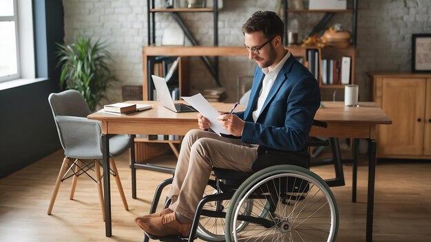 Vista de ángulo alto de un joven empresario en silla de ruedas haciendo papeleo mientras trabaja en una computadora portátil en casa