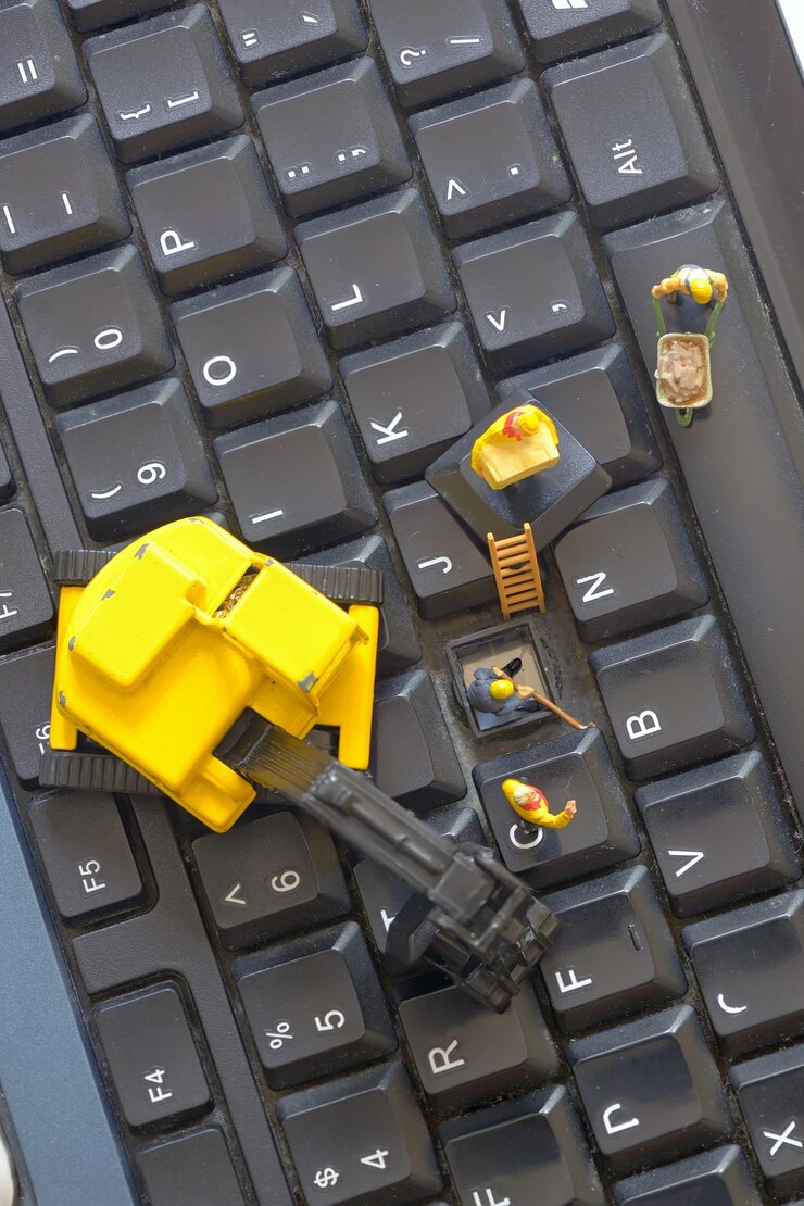 Foto vista de ángulo alto del juguete en el teclado de la computadora