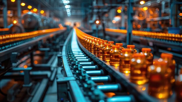 Vista de ángulo alto de una línea de producción en una cinta transportadora de fábrica con productos que se mueven a lo largo del fondo industrial