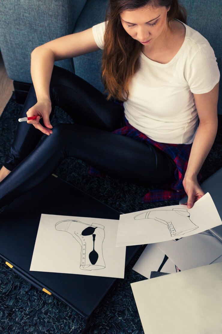 Foto vista de ángulo alto de una mujer sentada con dibujos en casa
