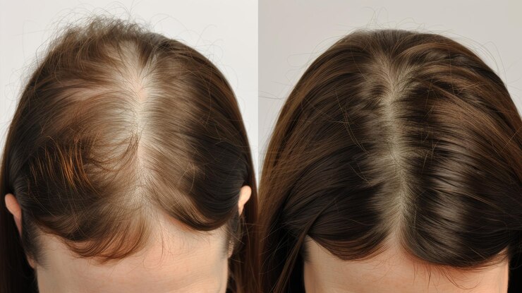Vista en ángulo alto de mujeres de 25 años de edad con cabello oscuro antes y después del tratamiento de crecimiento del cabello Retrato St