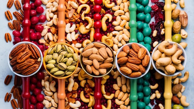 Vista de ángulo alto nueces variadas y frutas secas en diferentes cuencos con pecan pistachos almendras p