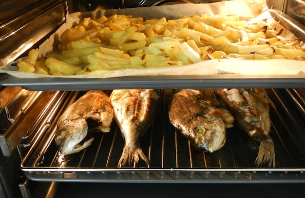 Foto vista de ángulo alto de pescado y papas fritas en el horno de microondas en casa