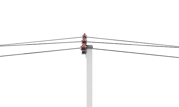 Vista de ángulo alto de un poste de energía renderizado en 3D sobre un fondo blanco.