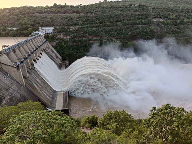 Foto vista de ángulo alto de la presa contra los árboles