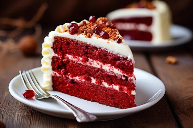 Vista de ángulo alto de una rebanada de pastel de terciopelo rojo servida en un plato