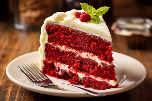 Vista de ángulo alto de una rebanada de pastel de terciopelo rojo servida en un plato