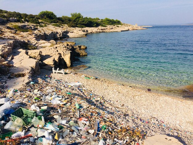 Vista de ángulo alto de las rocas en la playa contra el cielo