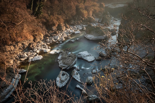 Vista de ángulo alto de las rocas por el río en el bosque