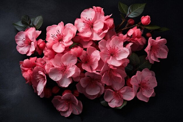 Vista de ángulo alto de rosas rojas, margaritas blancas, flores, aliento y hojas de bebés sobre un fondo rosado