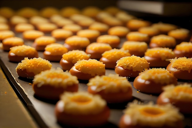 Vista de ángulo alto de sabrosos donuts caseros en bandeja cerca de batidor en mesa con textura de madera Generative Ai