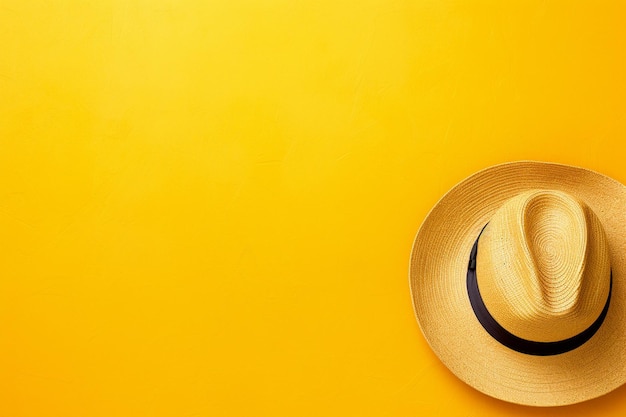 Foto vista de ángulo alto de sombrero y gafas de sol con vaqueros en fondo amarillo