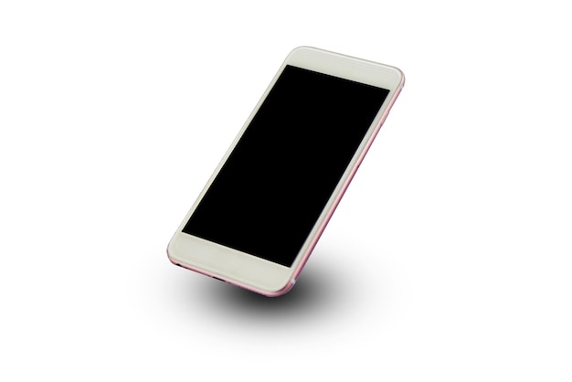 Foto vista de ángulo alto del teléfono inteligente sobre un fondo blanco