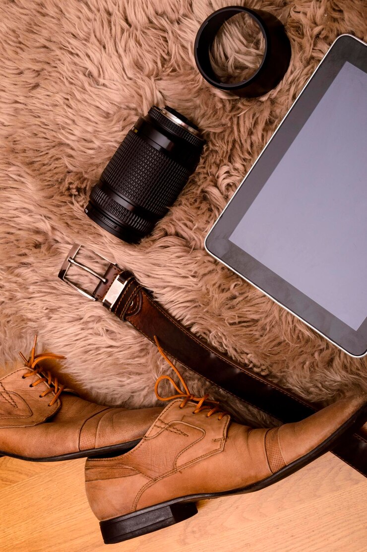 Foto vista de ángulo alto de teléfono inteligente y zapato en la mesa