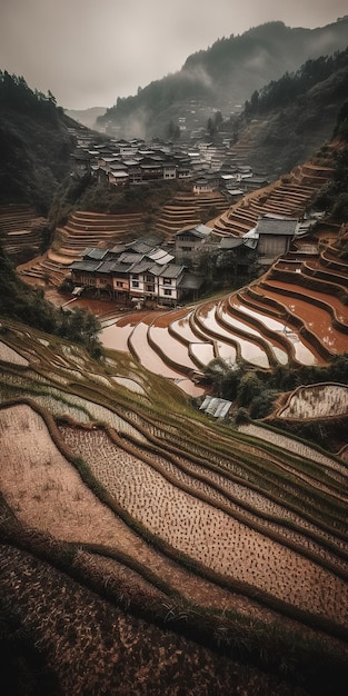 Vista de ángulo alto de terrazas de arroz asiáticas sol a través del paisaje de nubes de un pueblo